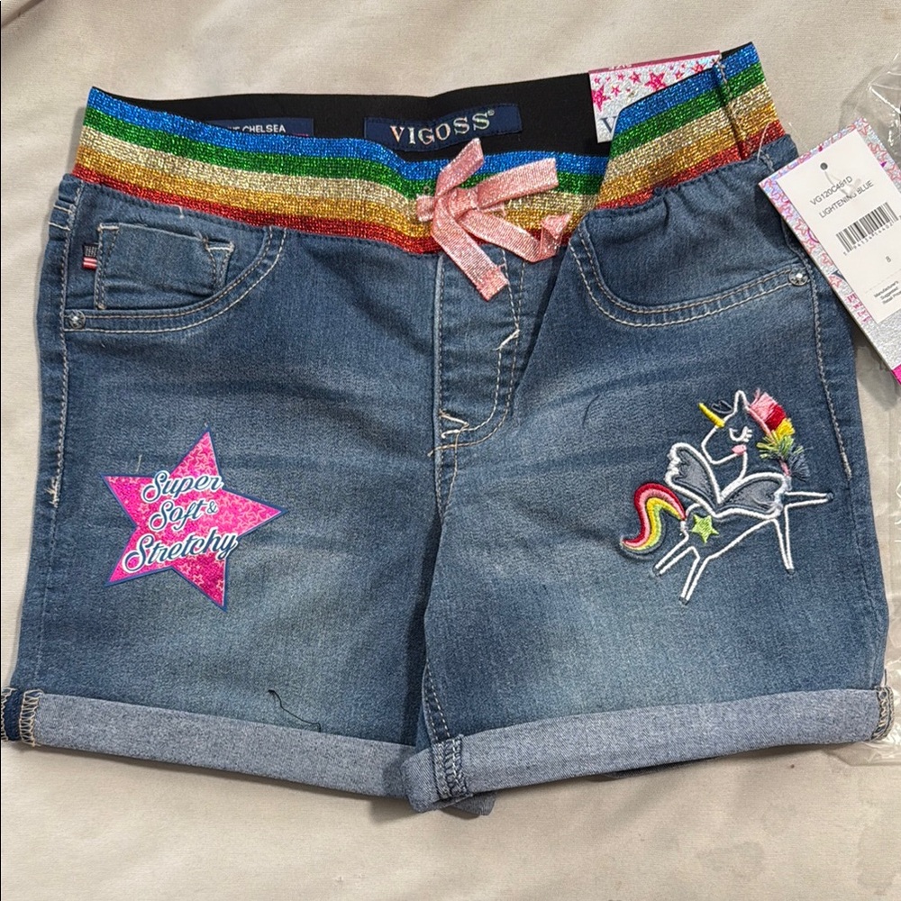 Vigoss Blue Jean Shorts with Rainbow Waistband